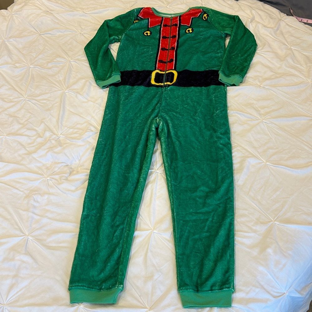 Awake Green Santa's Elves Fleece Zip-Up Onesies Pajamas Costume Size Small